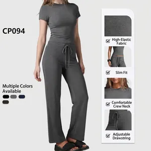 Women's two-piece yoga set with short-sleeve top and straight-leg drawstring pants
