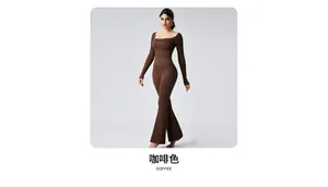 Professional full-body view of a coffee brown long-sleeve flare-leg yoga jumpsuit