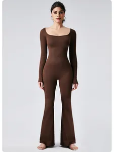Full length brown long-sleeve ribbed yoga jumpsuit with square neck and flared legs