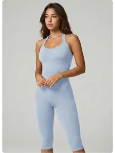 Body da yoga senza cuciture azzurro con scollo all'americana per fitness e sport intensi