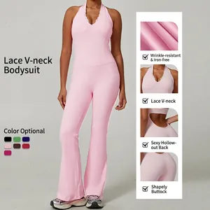 Pink lace V-neck halter jumpsuit yoga outfit with flare pants for fitness