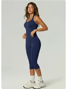 Tuta da yoga senza cuciture blu scuro con scollo all'americana per sport e fitness