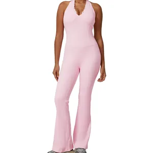 Pink lace V-neck halter neck one-piece yoga jumpsuit with flared pants for women