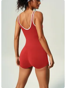 Close-up of red yoga bodysuit with white contrast trim and scrunch butt back view