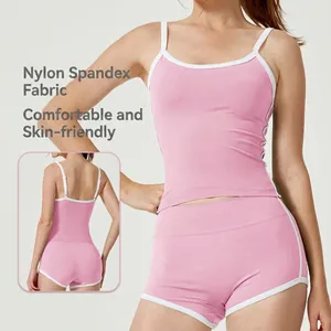 Women Contrast Color Yoga Vest Quick Dry Seamless Fitness Top Or High Waist Sport Shorts Workout Gym Apparel