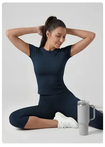 Close-up of navy blue quick-dry yoga set featuring short sleeve top and capri leggings