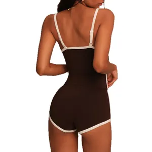 Brown contrast piping yoga camisole and shorts set for women, back view workout outfit