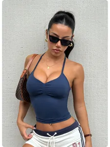 Blauer nahtloser Halter-Sport-BH mit Polstern für Fitness, Fitnessstudio und Yoga