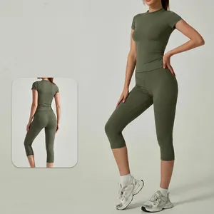 Women's Quick-Dry Yoga Set High Waist Hip Lift Sports Short Sleeve Top And 7-Point Pants Fitness Gym Workout Outfits
