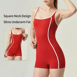 Red square neck yoga romper with white contrast trim and slim fit shorts