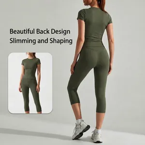 Women's olive green quick-dry yoga set with short sleeves and high waist cropped leggings