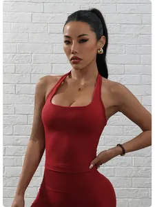 Detailed view of red seamless halter neck sports tank top perfect for yoga and running