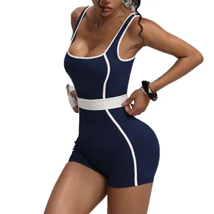 Navy blue sleeveless athletic romper with white contrast piping for women