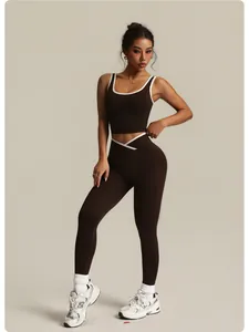 Detailed full-body view of a high-stretch brown seamless yoga set with white trim