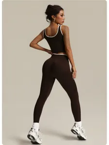 Back view of brown seamless yoga set featuring a tank top and high-waisted leggings.