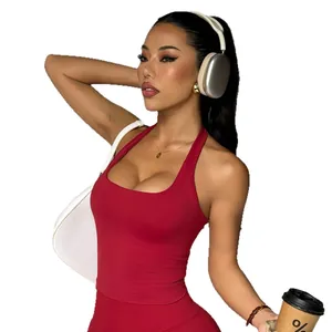 Stylish red seamless halter neck sports tank top for yoga and gym fitness training