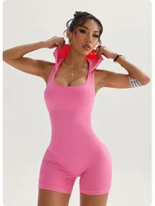 Detailed view of women's pink ribbed sleeveless hooded athletic yoga jumpsuit romper