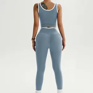 Seamless two-piece yoga set with racerback tank and scrunch butt leggings in blue