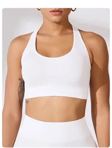 Detailed close-up view of a white ribbed high-impact sports bra for yoga and gym wear