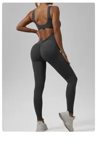 Back view of dark grey backless yoga bodysuit with high waist scrunch butt design