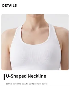 Close-up detail of white high-impact sports bra with a classic U-shaped neckline
