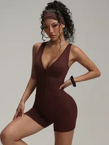 Slim fit brown yoga romper with front zipper and sleeveless design