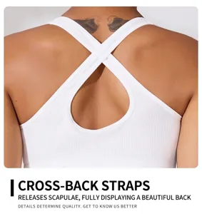 Close-up detail of white ribbed high-impact sports bra featuring a stylish cross-back design