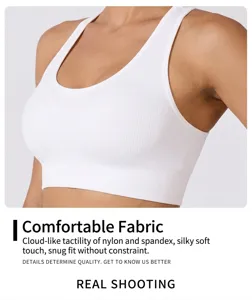 Close-up of white ribbed sports bra showing soft cloud-feel fabric and fit.