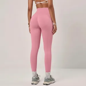 Nahtlose rosa Fitness-Leggings mit hoher Taille und Pfirsich-Po-Hebe-Effekt für Damen