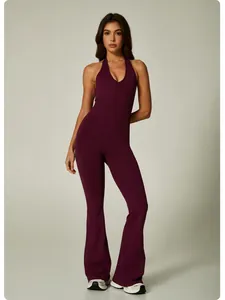 Plum halter neck seamless yoga jumpsuit with flared legs for women fitness detail