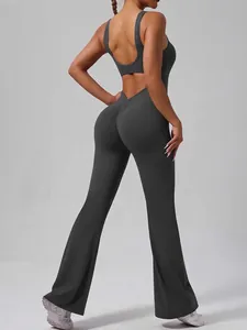 Grey backless butt-lifting one-piece flared jumpsuit for professional yoga and fitness
