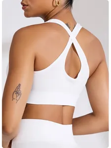 Detailed view of white high-impact sports bra featuring a ribbed texture and cross-back design.