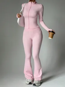 Women Yoga Set Top And Bottom Slim Fit Long Sleeve Full Zip Jacket High Waist Flare Leg Pants Sports Workout Tracksuit