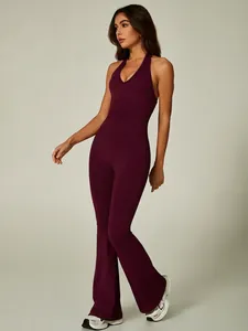 Sexy halter neck backless seamless yoga jumpsuit with flared legs for women's fitness