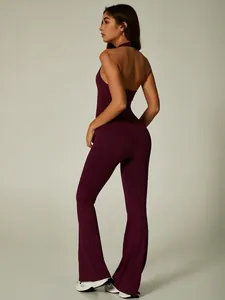 Professional seamless halter neck backless yoga jumpsuit with flared legs in burgundy