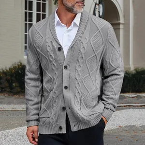 Detailed texture of men's grey cable knit cardigan with shawl collar and buttons