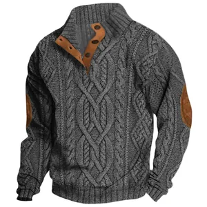 Men's gray cable knit sweater featuring mock neck button placket and elbow patches