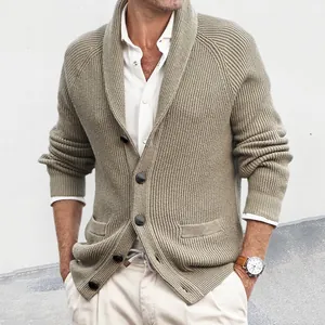 Men Casual Acrylic Shawl Collar Knit Cardigan Sweater Ribbed Long Sleeve Button Up Outerwear Jacket With Pockets Winter Top