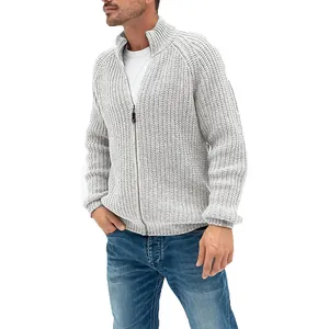 Stylish men's chunky knit zip-up cardigan in light grey with a modern stand collar.