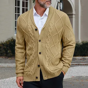 Classic men's cable knit shawl collar cardigan sweater in khaki outdoor street style