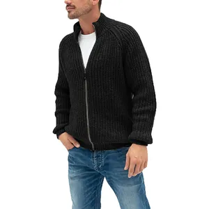 Classic men's black ribbed knit zip-up cardigan with mock neck and long sleeves