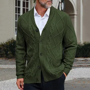 Elegant men's green cable knit cardigan sweater with shawl collar and classic buttons