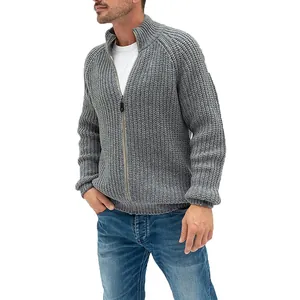 Men's grey zip-up knit cardigan with high neck in a stylish casual design.