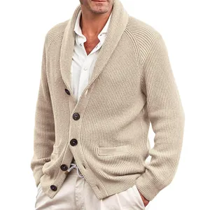 Close-up of men's shawl collar knit cardigan with ribbed texture and dark buttons