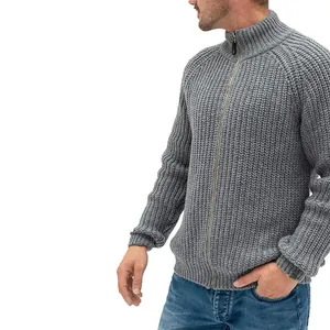 Men's light grey full-zip knit cardigan featuring a high collar and ribbed texture