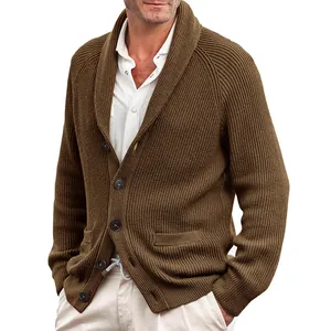 Close-up of men's brown shawl collar cardigan showing detailed ribbed knit texture
