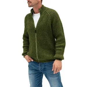Casual olive green chunky knit cardigan for men featuring full zipper and stand collar