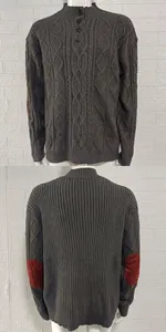 Detailed front and back view of men's cable knit sweater with red elbow patches