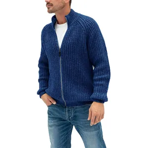 Men's royal blue zip-up chunky knit cardigan sweater with high collar and ribbed texture