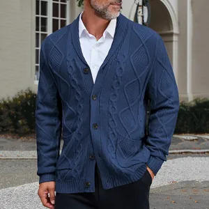 Detailed view of a navy blue cable-knit men's cardigan with a shawl collar